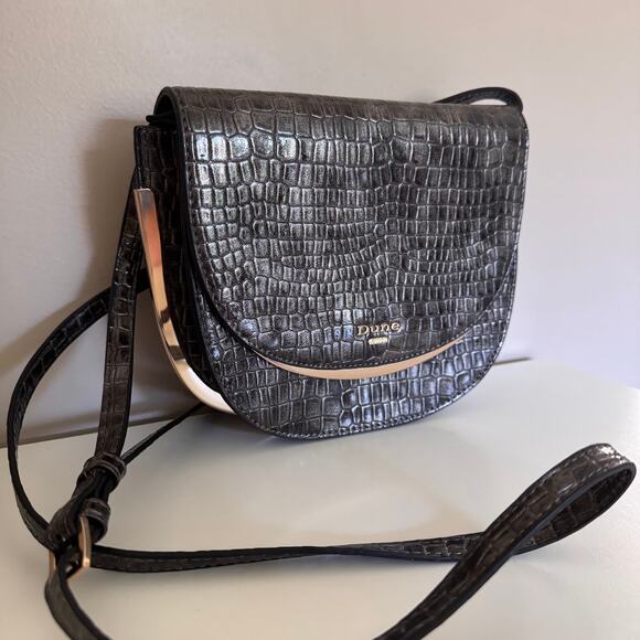 Dune London Edellie Grey Croc Front Flap Snap Detail Crossbody Bag - Picture 6 of 12
